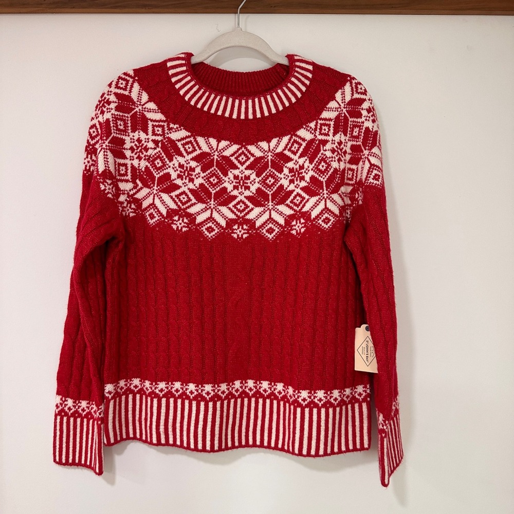 Fair Isle Cable Knit‎ Sweater Womens Large Red Snowflake Grandmacore